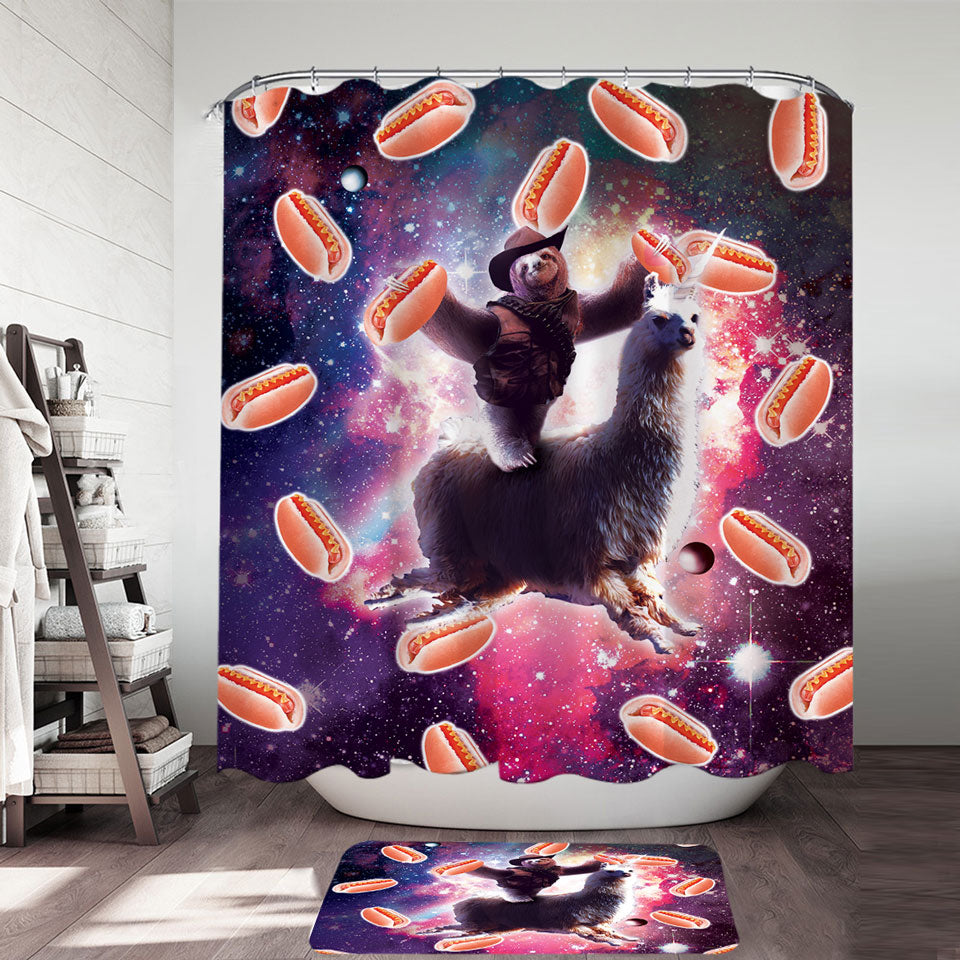 Funny Shower Curtains Hot Dogs Space Cowboy Sloth on Llama Unicorn