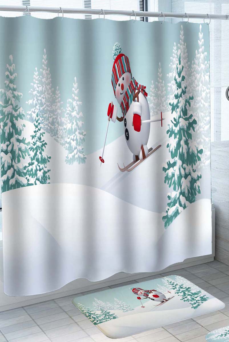 Funny Shower Curtains of Friendly Snowman Skiing