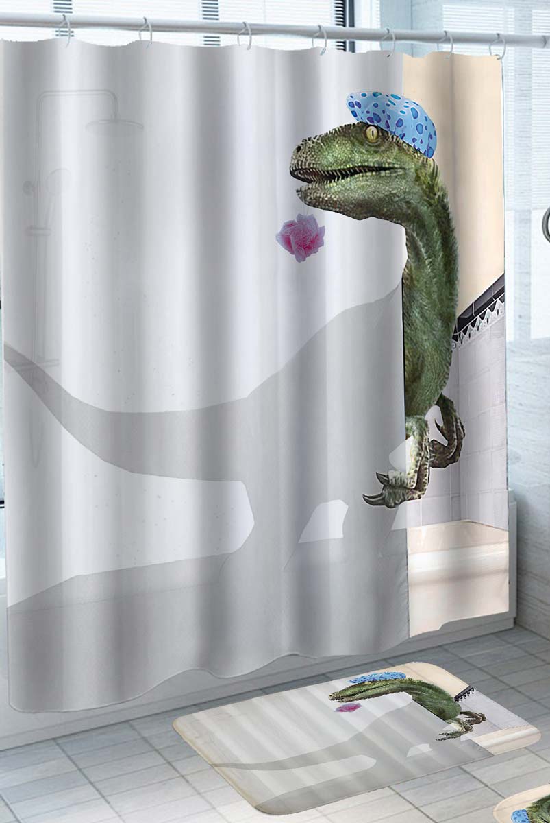 Funny Shower Curtains with Velociraptor Dinosaur Shower Time