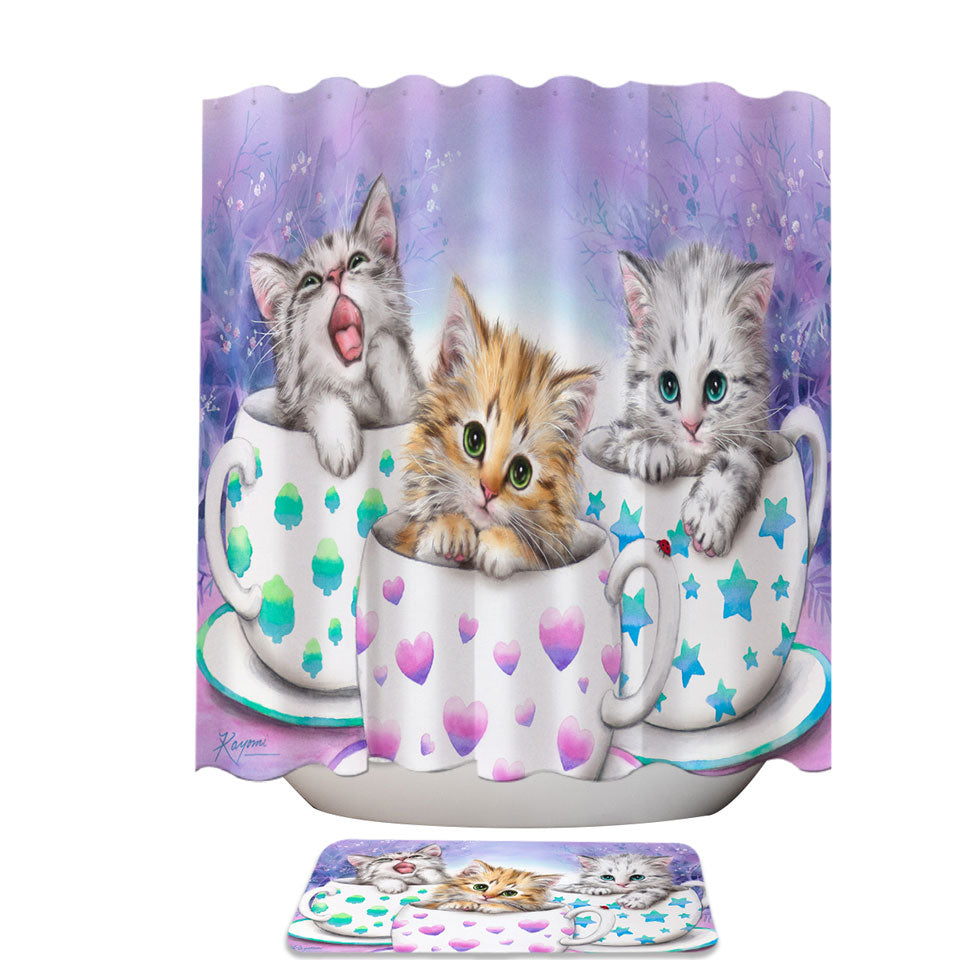 Funny Trendy Shower Curtain Cats Art Coffee Cups with Cute Kittens