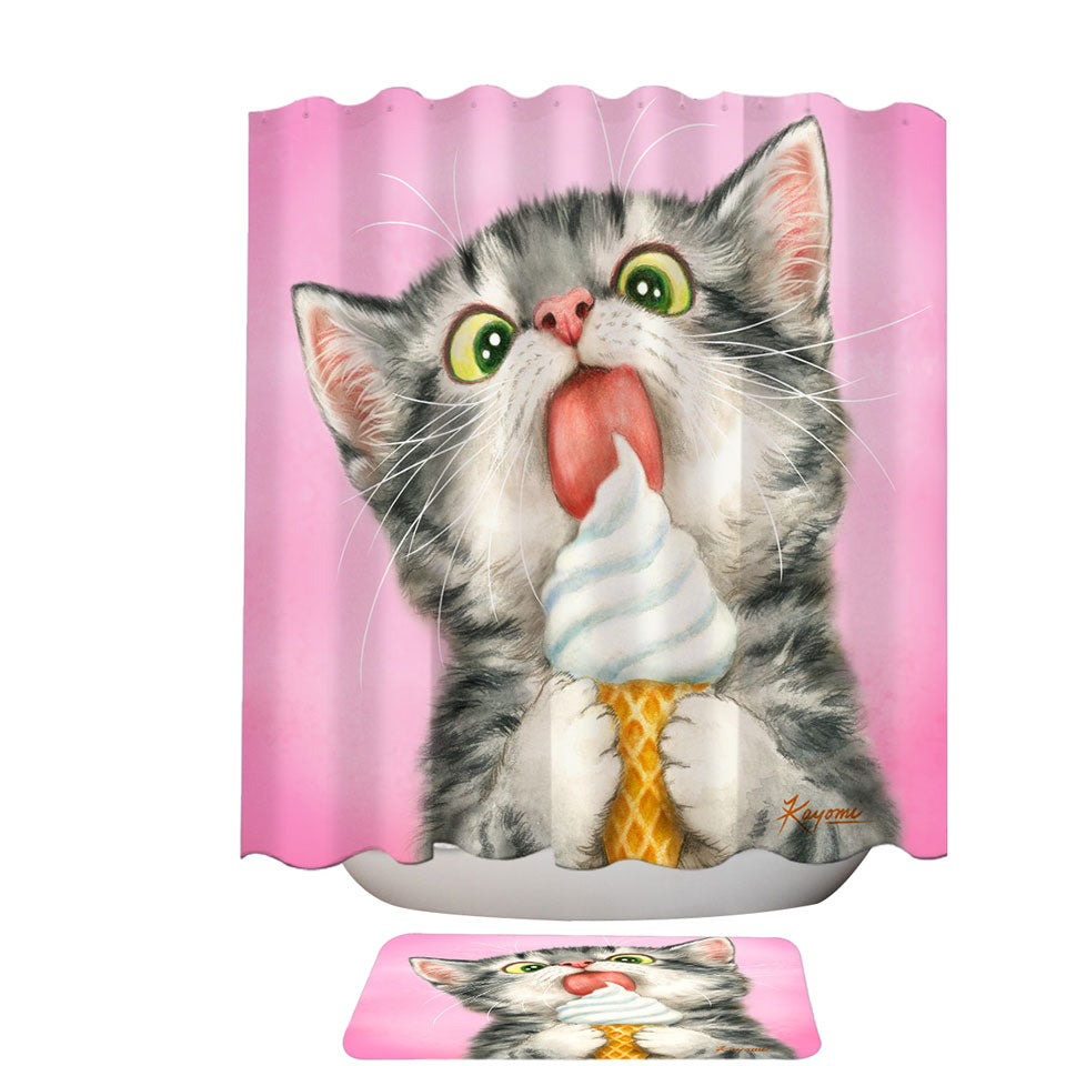 Funny Trendy Shower Curtains Cute Cats Art Licking Ice Cream Kitten