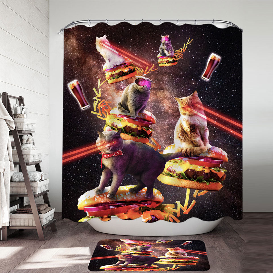 Funny and Cool Galaxy Cat on Cheeseburger Shower Curtain
