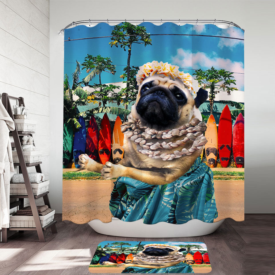 Funny and Cute Aloha Girl Pug Dog Shower Curtain
