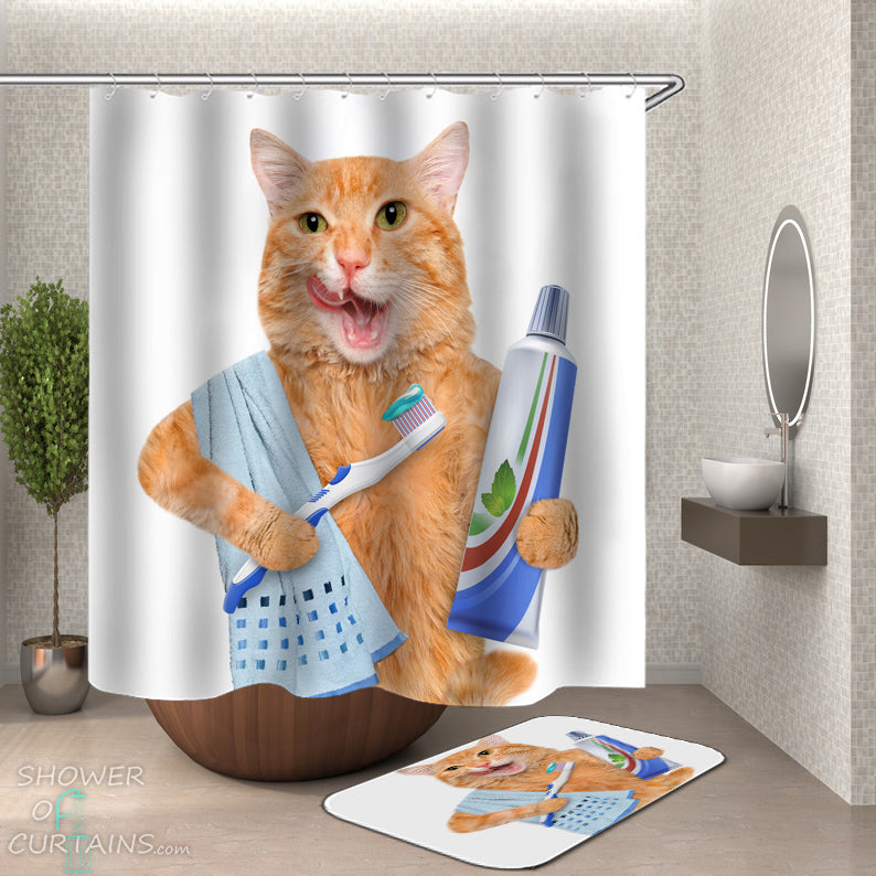 Funny Cat Shower  Curtain - Cat Brushing Its Teeth
