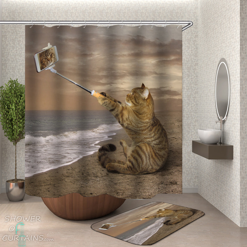 Funny Cat Shower Curtain of Cat’s Selfie On The Beach Shower Curtain