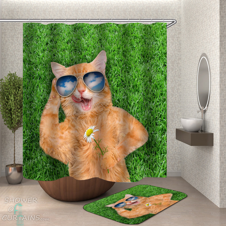 Funny Cat Shower Curtain of Chilling Out Cat Shower Curtain