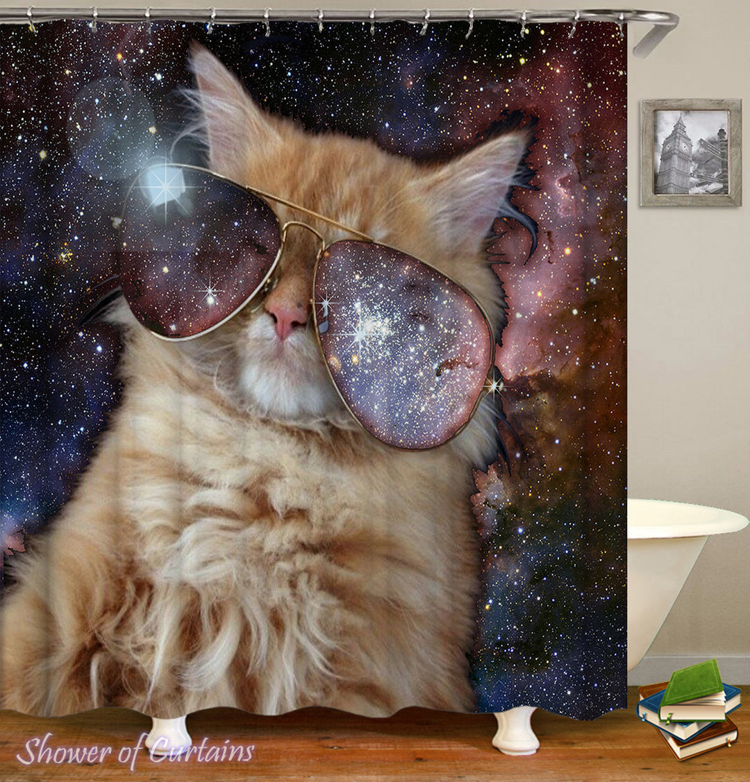 Funny Cat Shower Curtain of Galaxy Shades Cat