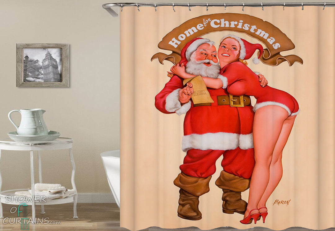 Funny Christmas Shower Curtians of Santa And Young Hot Mrs. Claus