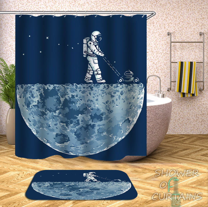 Funny Shower Curtains - An Astronaut Mows The Moon Shower curtain