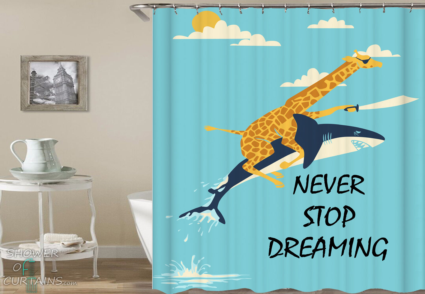 Shower Curtains Pirate Giraffe Rides A Shark Of