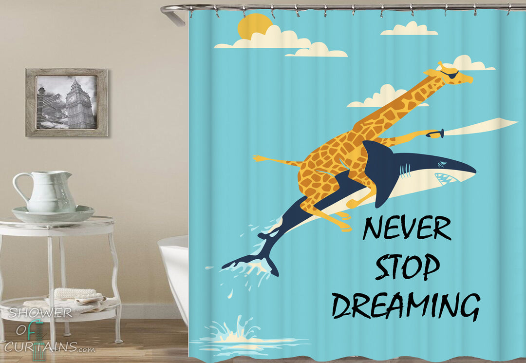 Funny Shower Curtains - Pirate Giraffe Rides A Shark