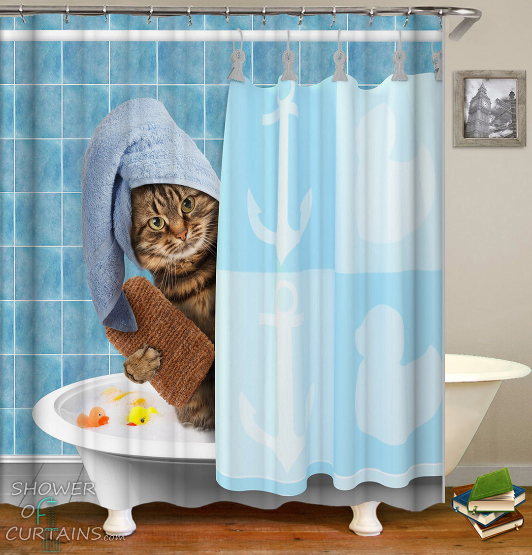 Funny Shower Curtains of Bathing Cat Shower Curtain