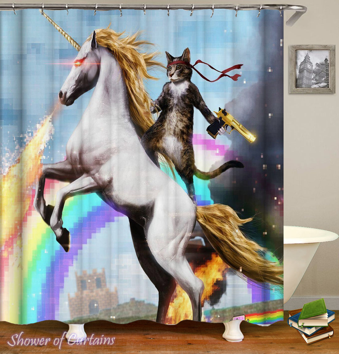 Funny Shower Curtains of Cat Riding A Unicorn