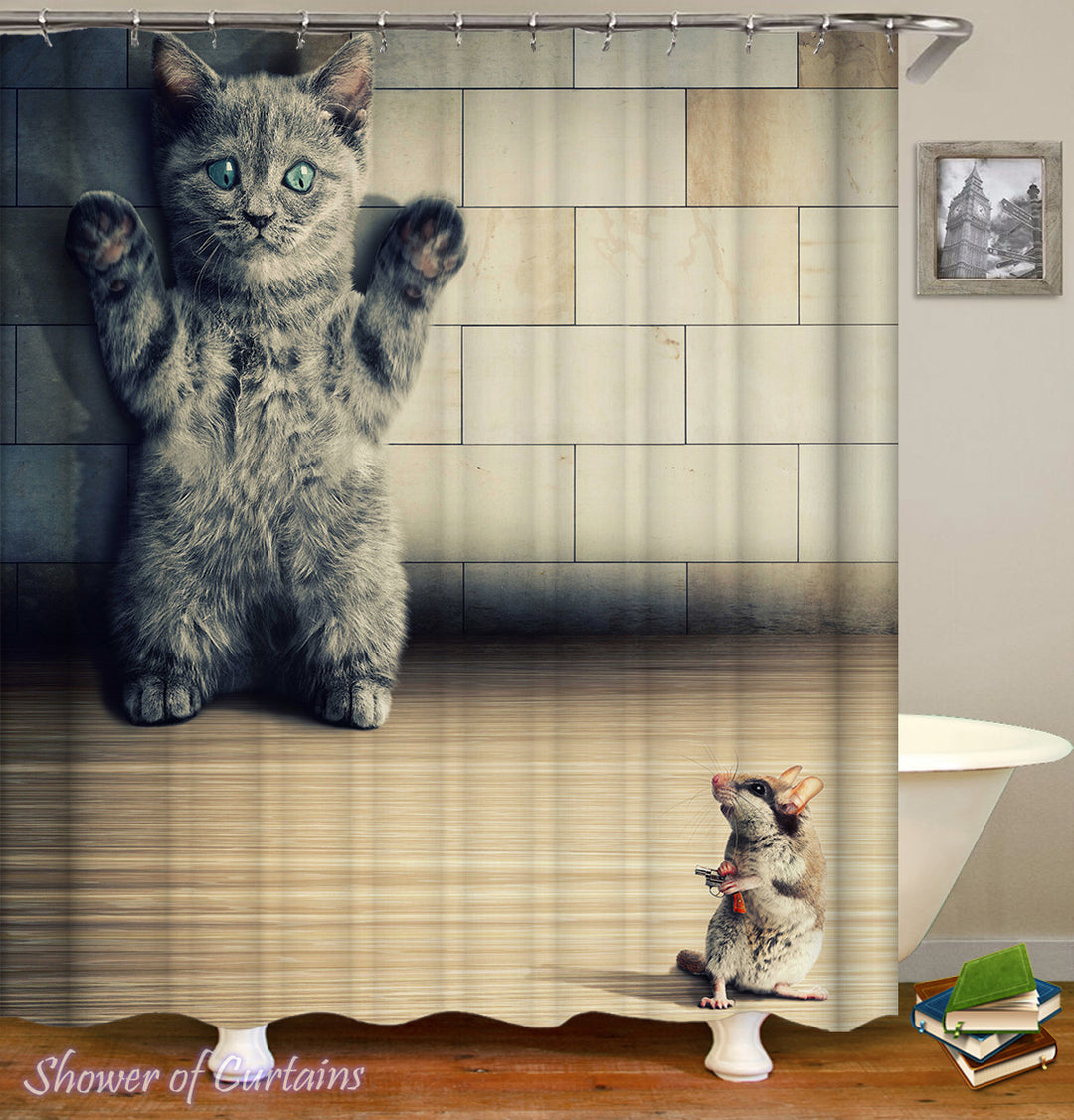 Funny cat shower curtain - Mouse VS. Cat 1-0 Mouse