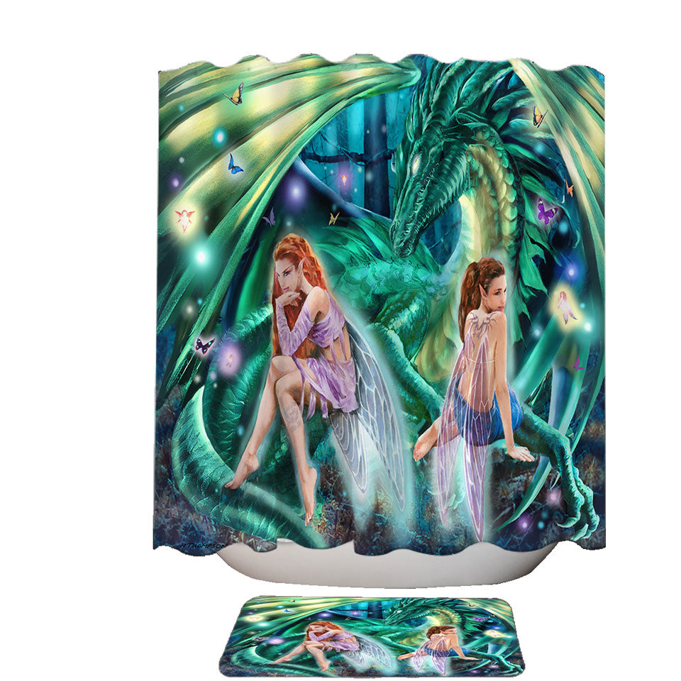 Gemini Mischief Fairies and Dragon Shower Curtain and Bathroom Mat