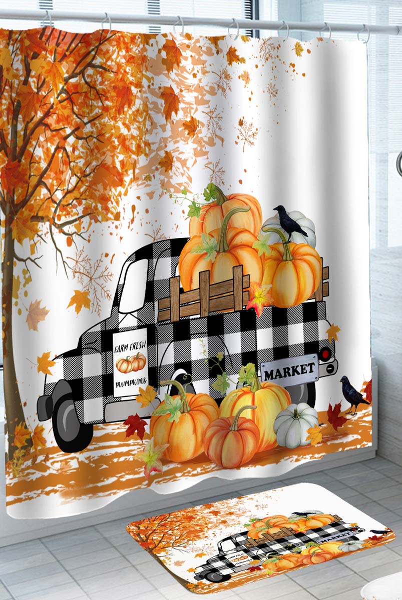 Gingham Pattern Shower Curtain Truck Autumn Leaves and Pumpkins