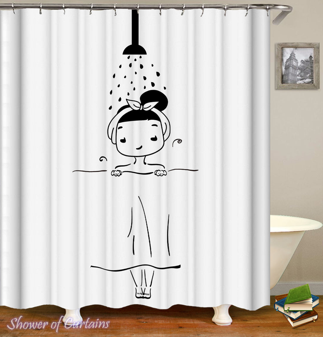 Girl Shower Curtain of Showering Girl Black And White Drawing