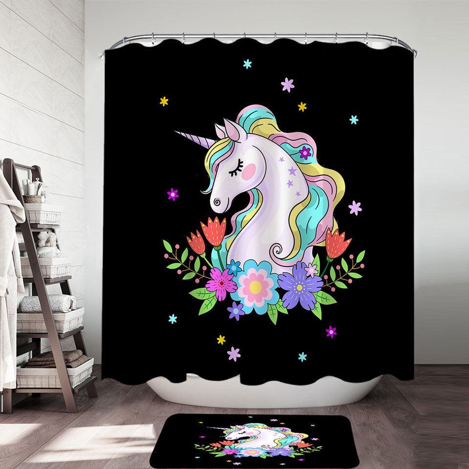 Girlish Flowers and Unicorn Shower Curtain for Girls