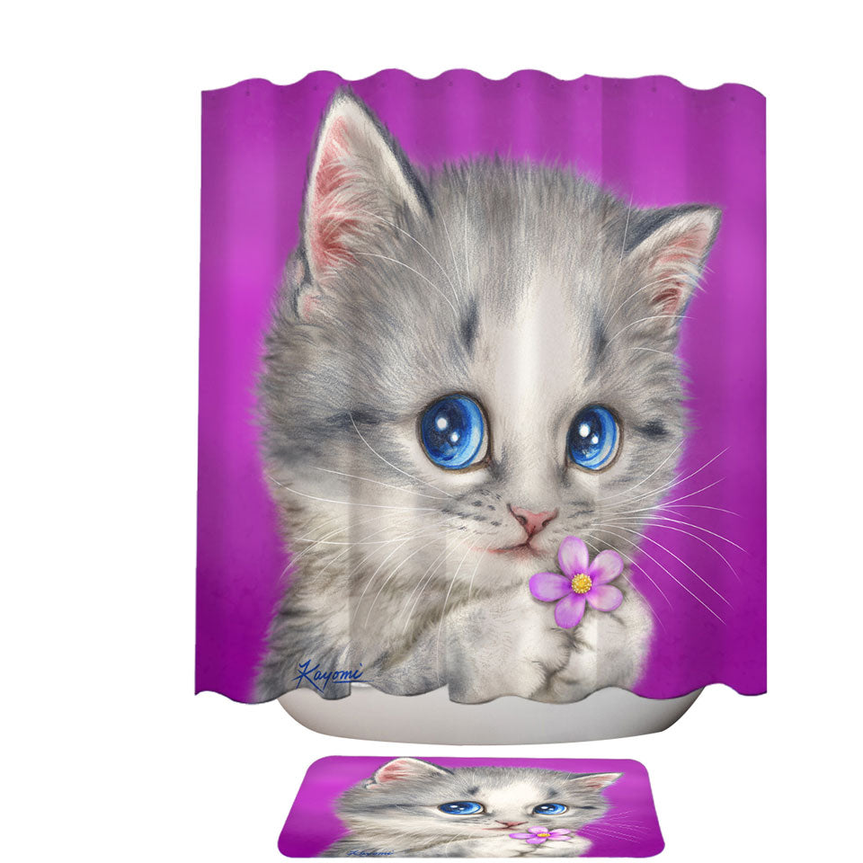 Girls Shower Curtain Cats Drawings Adorable Kitten Holding a Flower
