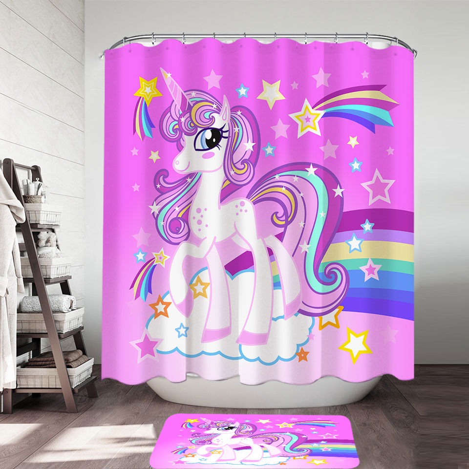 Girls Shower Curtain Pinkish Rainbow Unicorn Shower Curtain