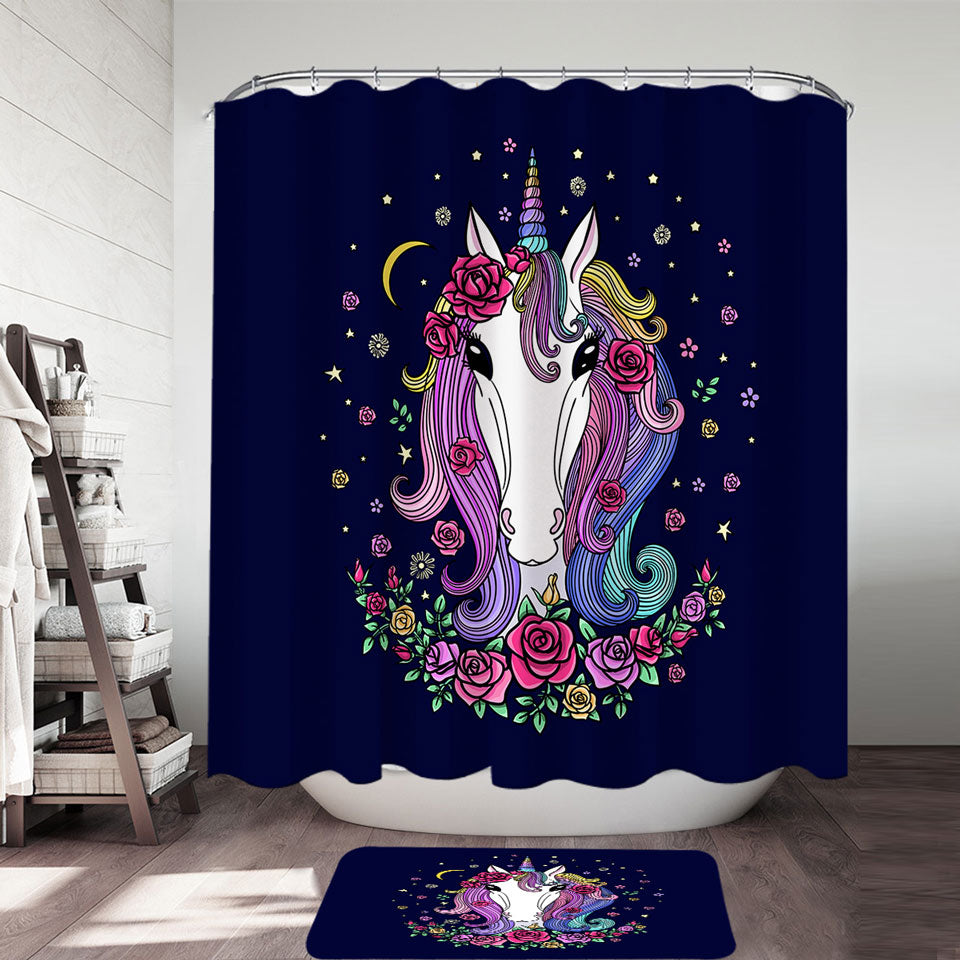 Girls Shower Curtains Rainbow Haired Unicorn and Roses