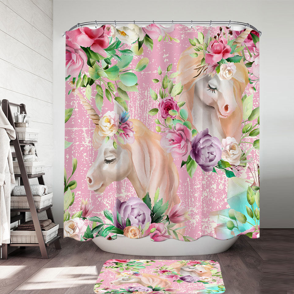Girls Shower Curtains with Floral Unicorns