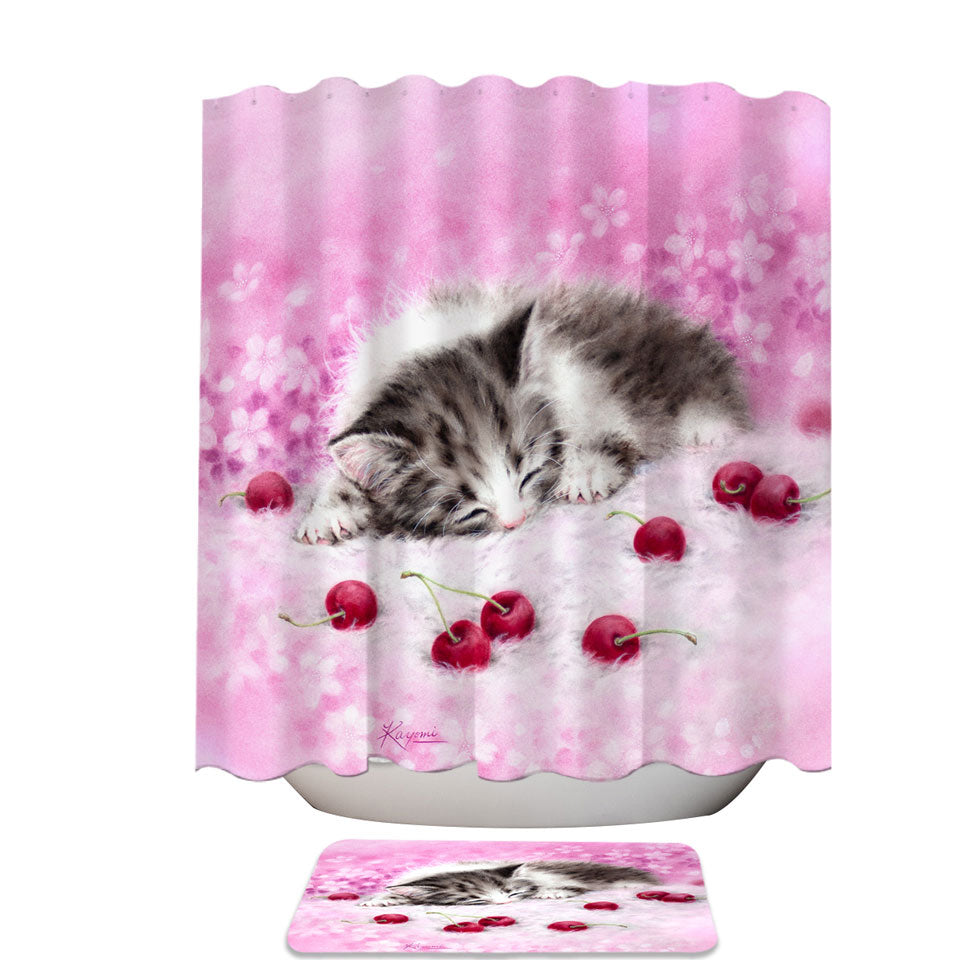 Girls Trendy Shower Curtains Pink Art Drawings Cherry Dream Kitty Cat