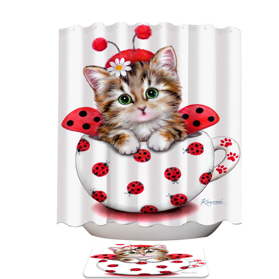 Girly Cat Art Drawings the Cup Kitty Lady Bug Shower Curtain
