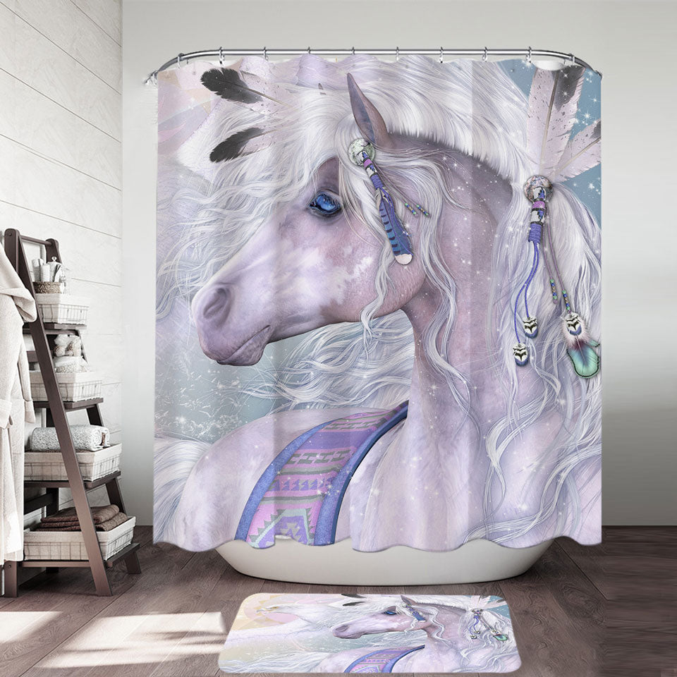 Girly Horse Shower Curtains Winter Solstice Dazzling Native American White Horse