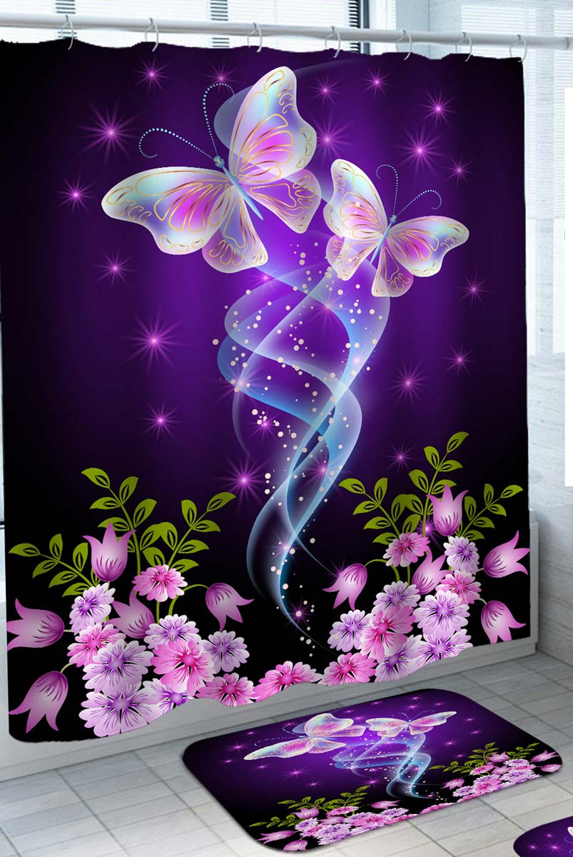 Girly Purplish Butterflies and Pink Flowers Shower Curtain