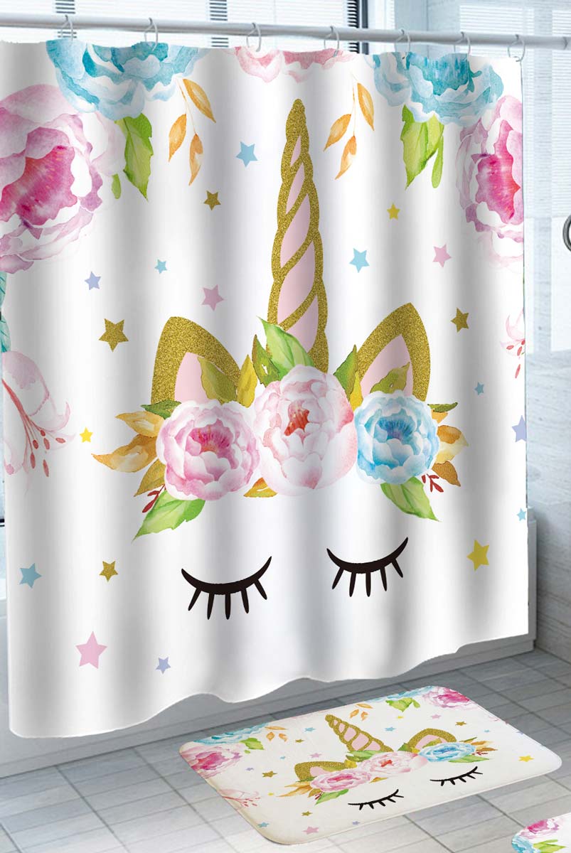 Girly Shower Curtain Golden Horn and Flowers Unicorn Face