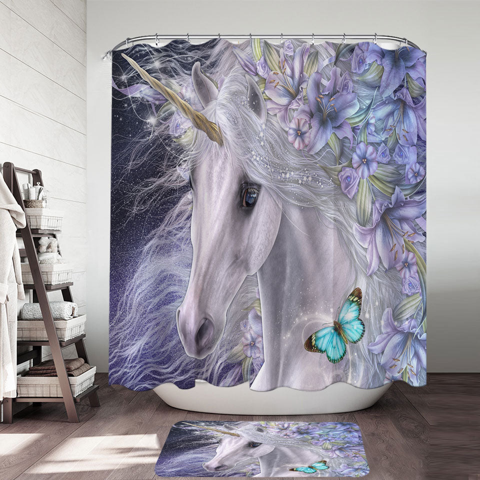 Girly Shower Curtain Lillicorn Art Purplish Lilli Flowers and Unicorn