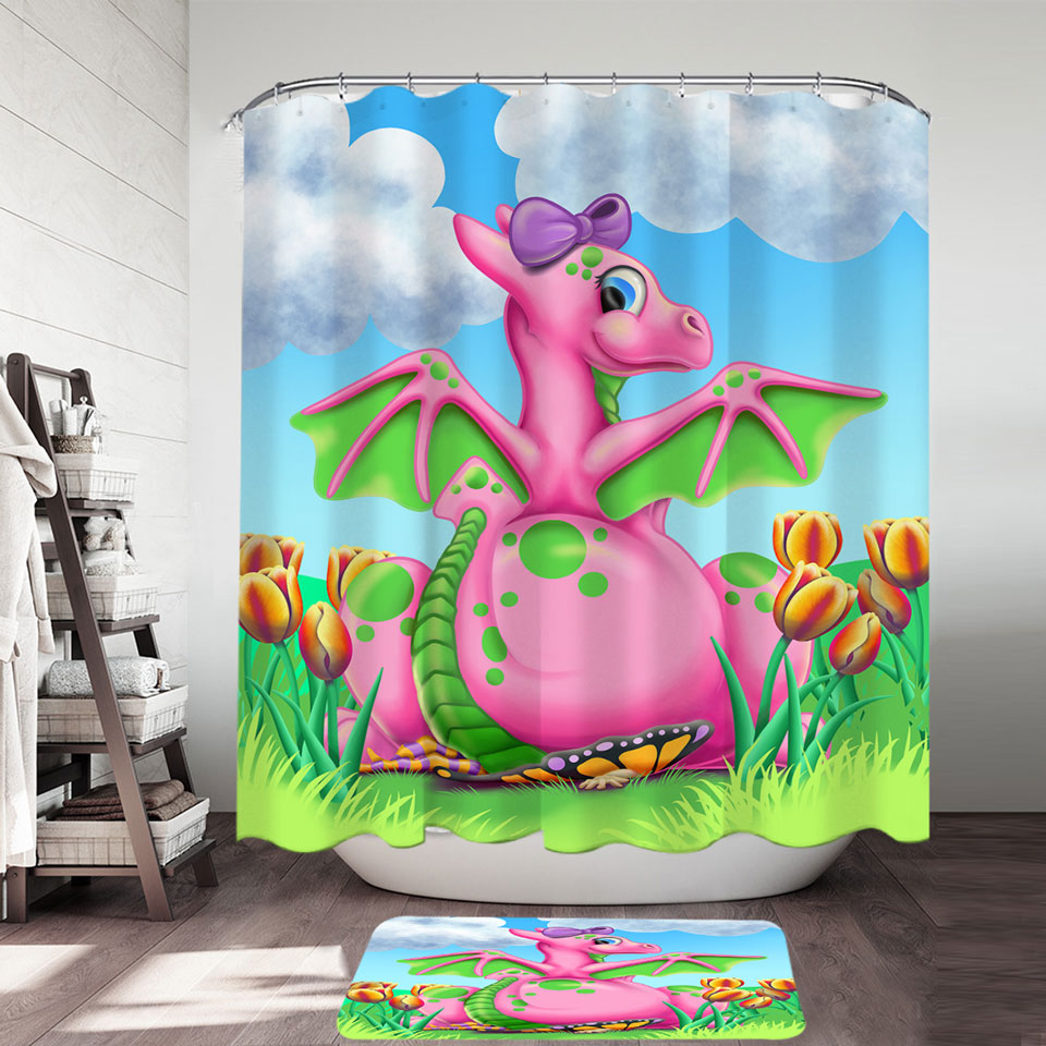 Girly Shower Curtain Squishy the Cute Pink Dragon Girl