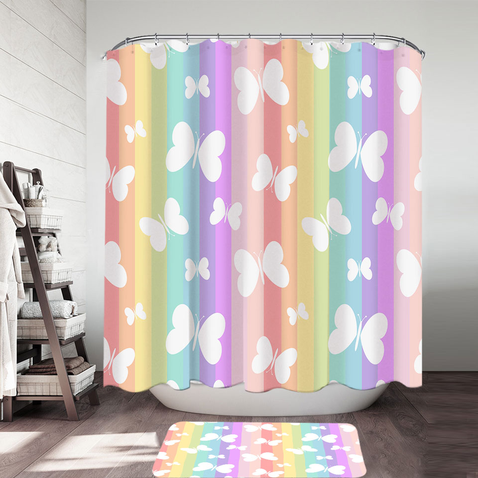 Girly Shower Curtains and Bathroom Rugs Rainbow Stripes and Butterflies