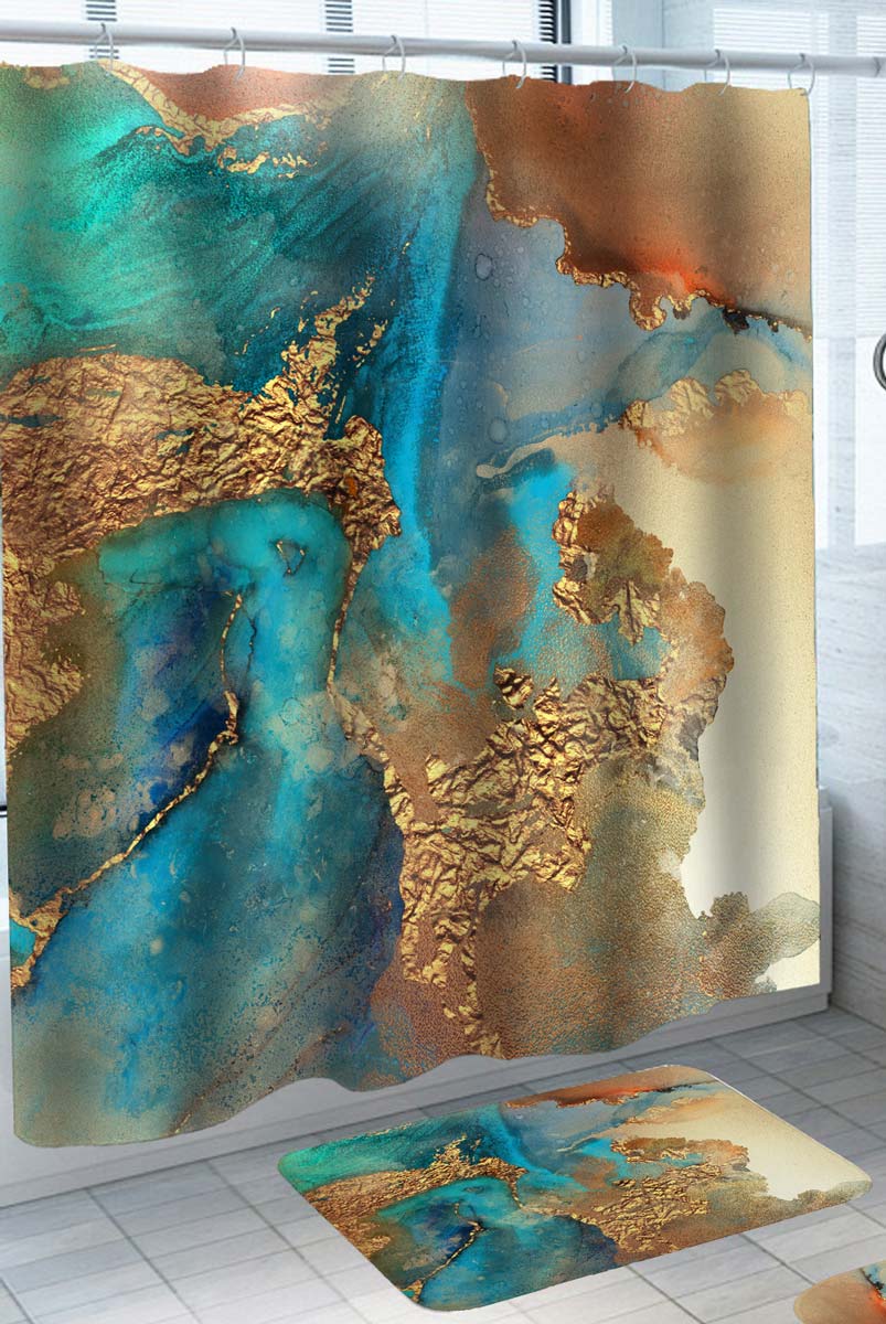 Golden Blue Abstract Marble Shower Curtain