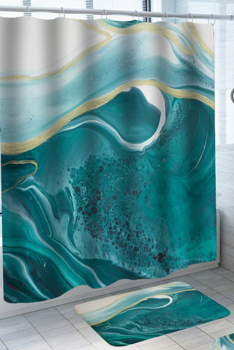 Golden Blue Ocean Abstract Marble Shower Curtain