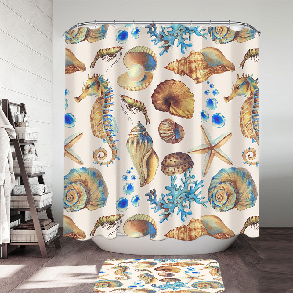 Golden Blue Seashells Shower Curtain