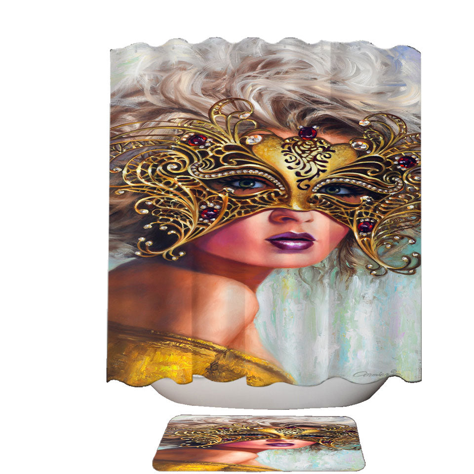 Golden Mask Beautiful Blond Woman Shower Curtains
