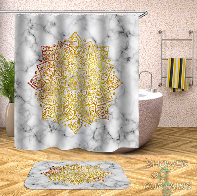 Golden Mandala Over Marble Shower Curtain