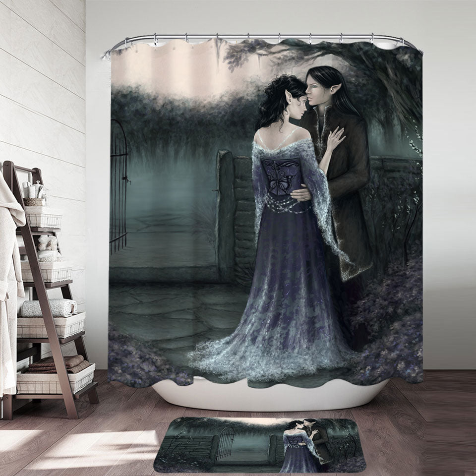 Gothic Shower Curtain Fantasy Art Dark Garden of Two Elf Lovers