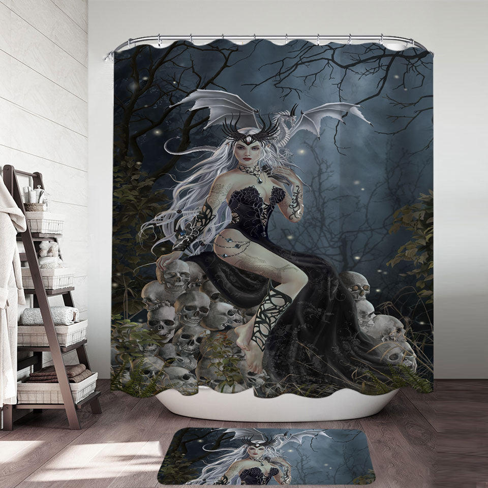 Gothic Shower Curtain Fantasy Art the Mad Queen Dragon and Skulls