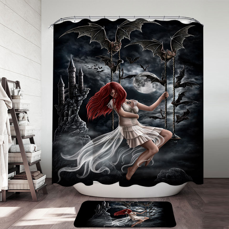 Gothic Shower Curtains Night Art Draculas Bride Redhead Girl and Bats