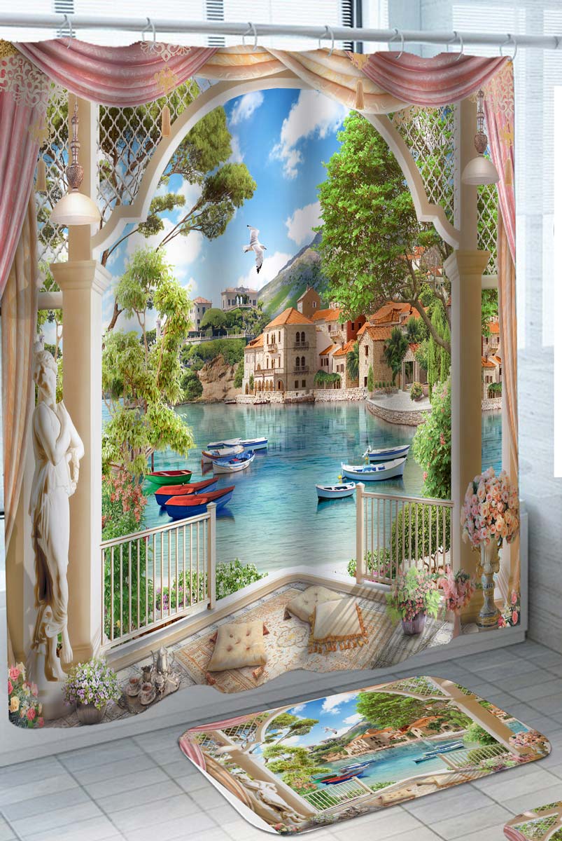 Greek Mediterranean Garden with Coastal Sea View Shower Curtain