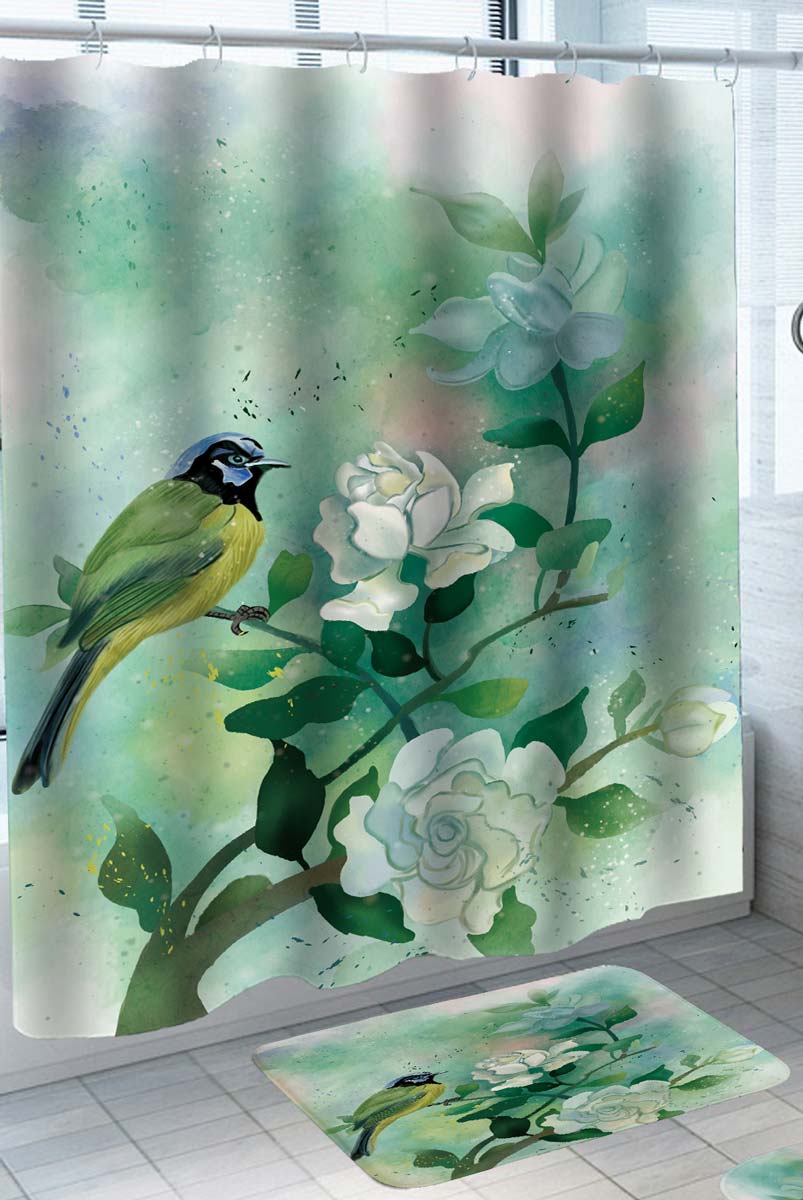 Green Art Painting Flowers and Hummingbird Shower Curtain