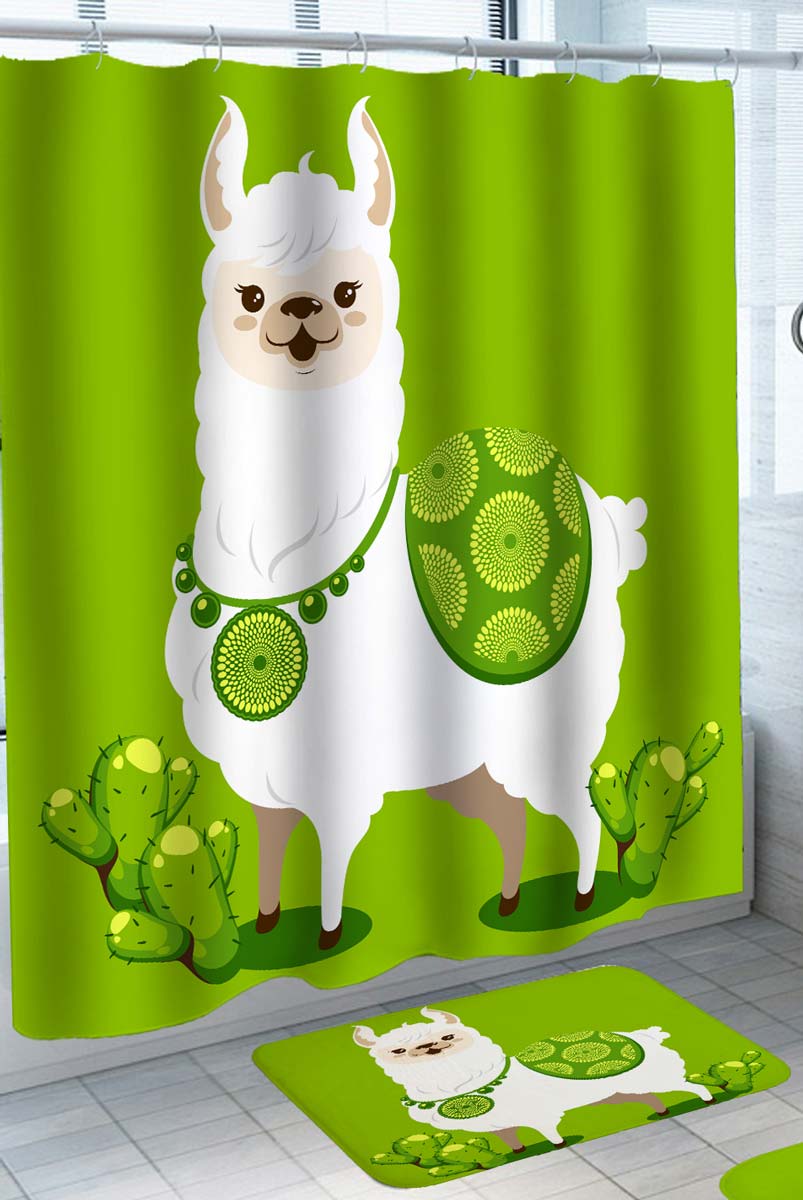 Green Cactus Alpaca Llama Shower Curtain