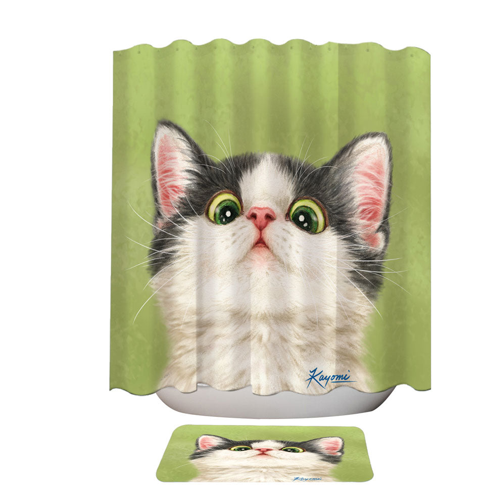 Green Eyes Grey White Kitten Cat Cute Shower Curtains