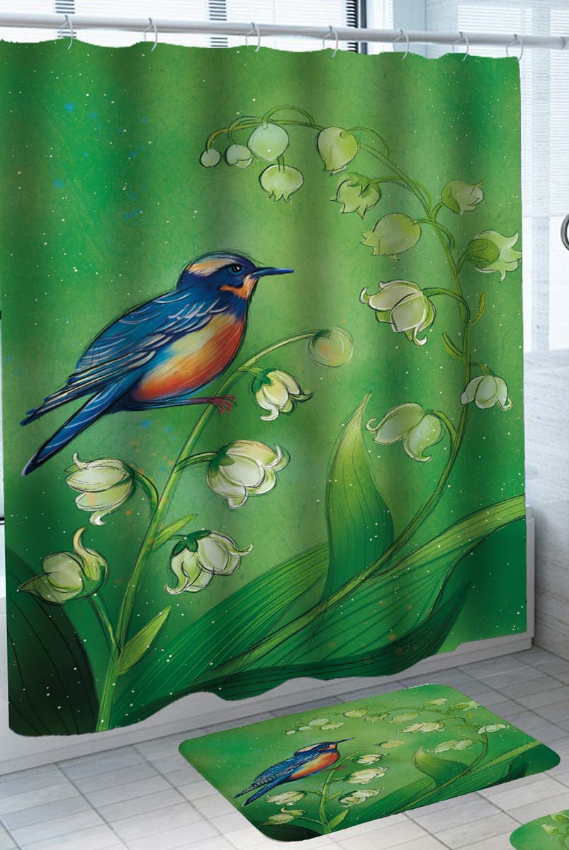 Green Flowers and Hummingbird Shower Curtains For Sale