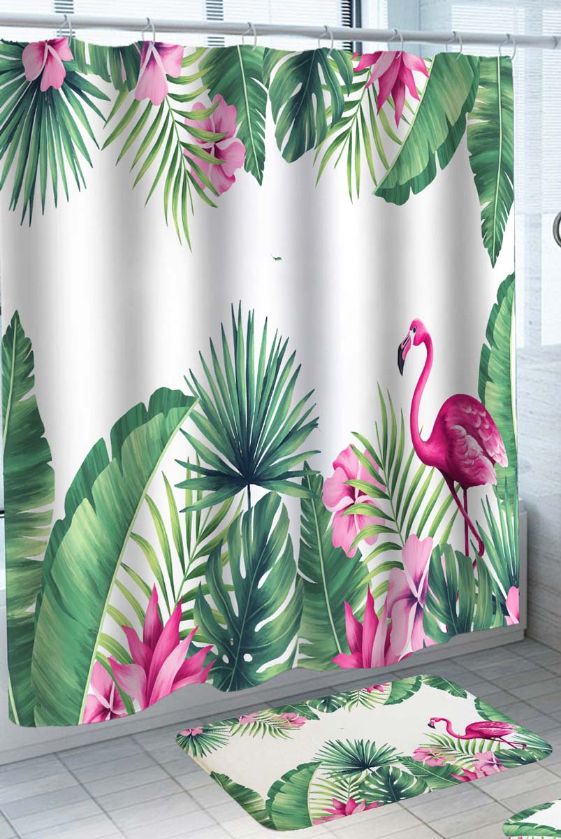 Green Leaves Shower Curtain Tropical Pink Flowers and Flamingo