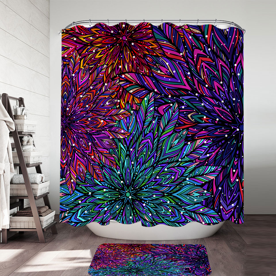 Green Purple Artistic Shower Curtains and Bathroom Rugs Feathers Design