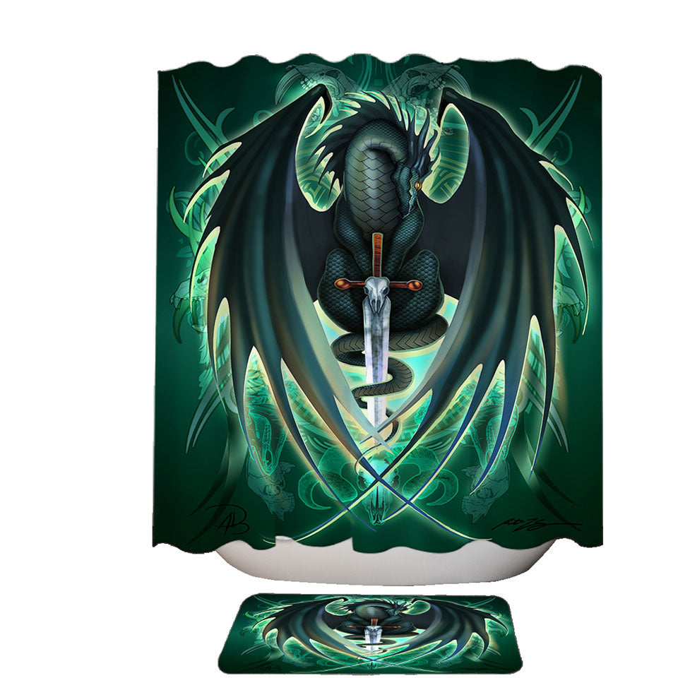 Green Shower Curtain Fantasy Weapon Dragon Sword Skull Blade